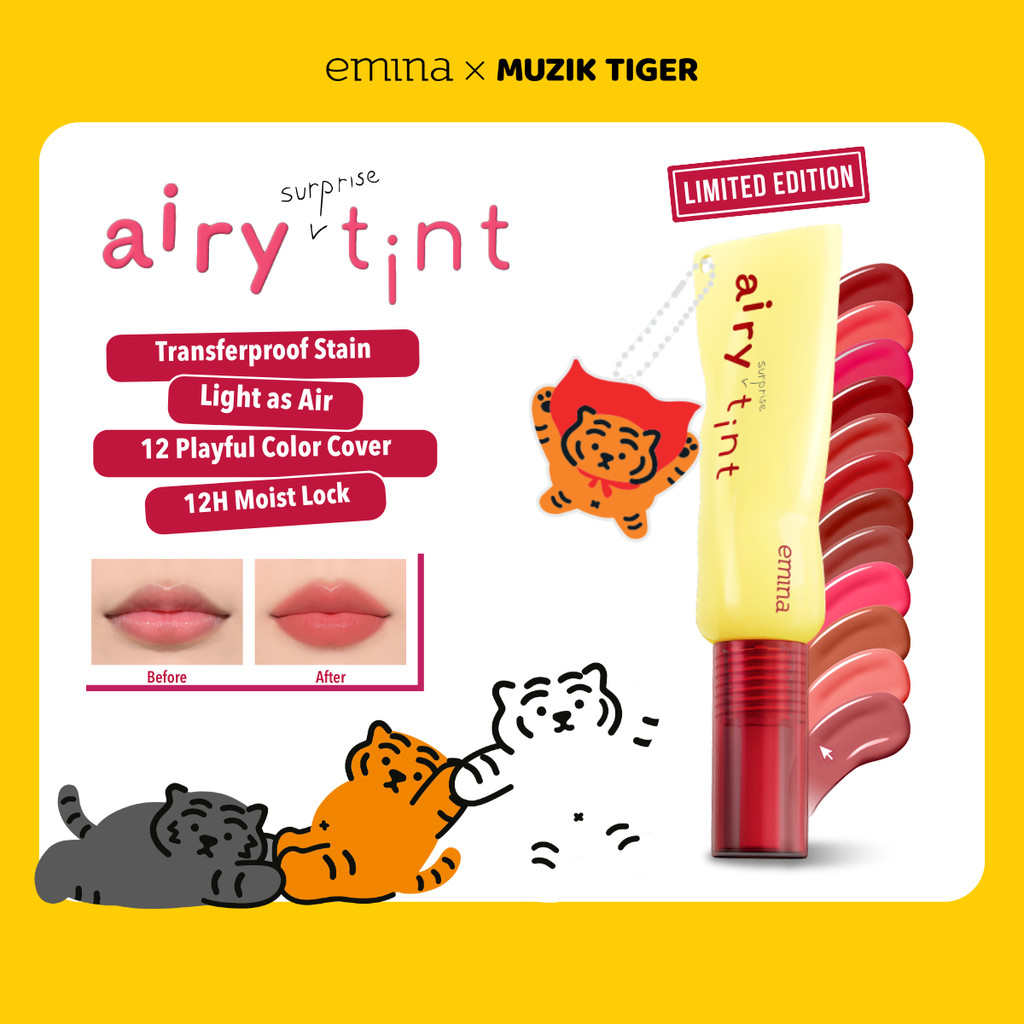 Emina Airy Surprise Tint x Muzik Tiger 3 g + Keychain - Lip Tint Ringan, Longlasting, Tahan Lama, Wa