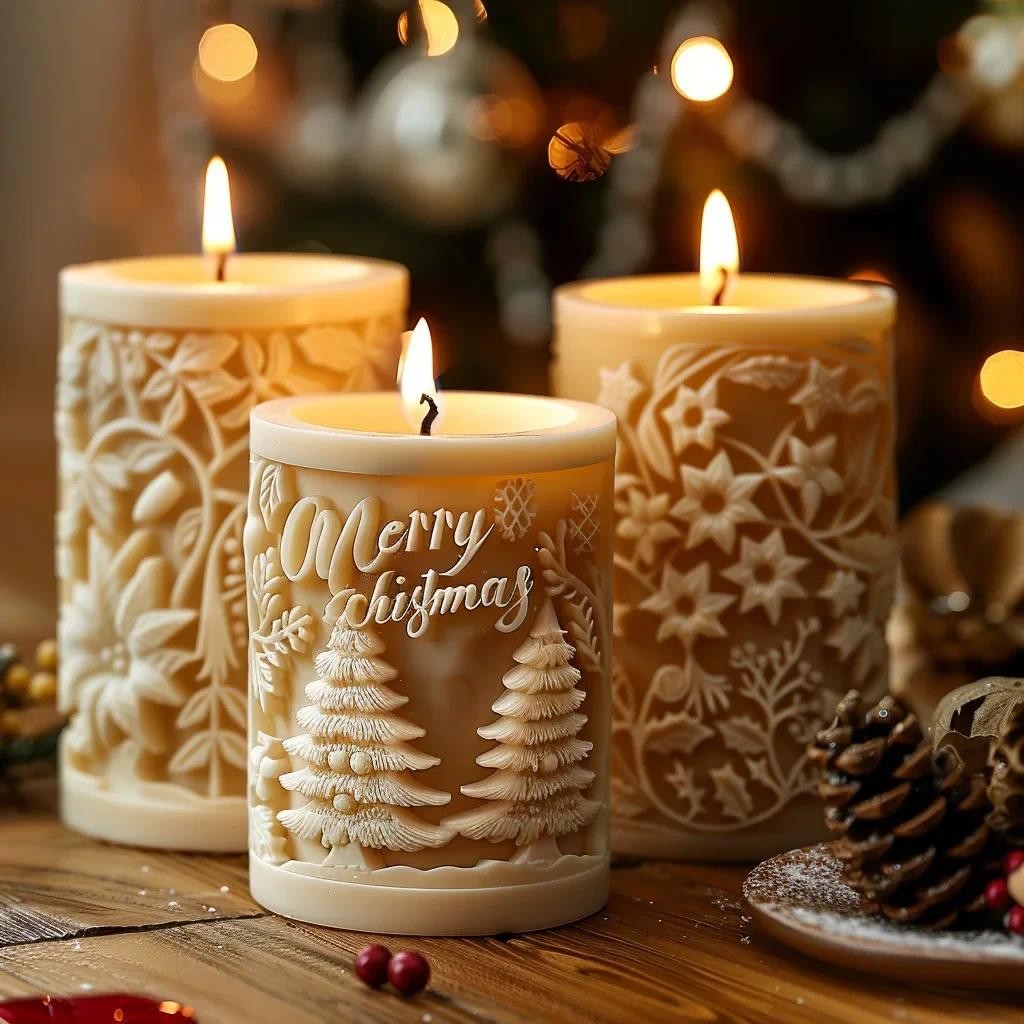 

3D Christmas Tree Elk Relief Cylinder Candle Silicone Mold Merry Christmas Letter Snowflake Cylinder Candle Molds Christmas Gift