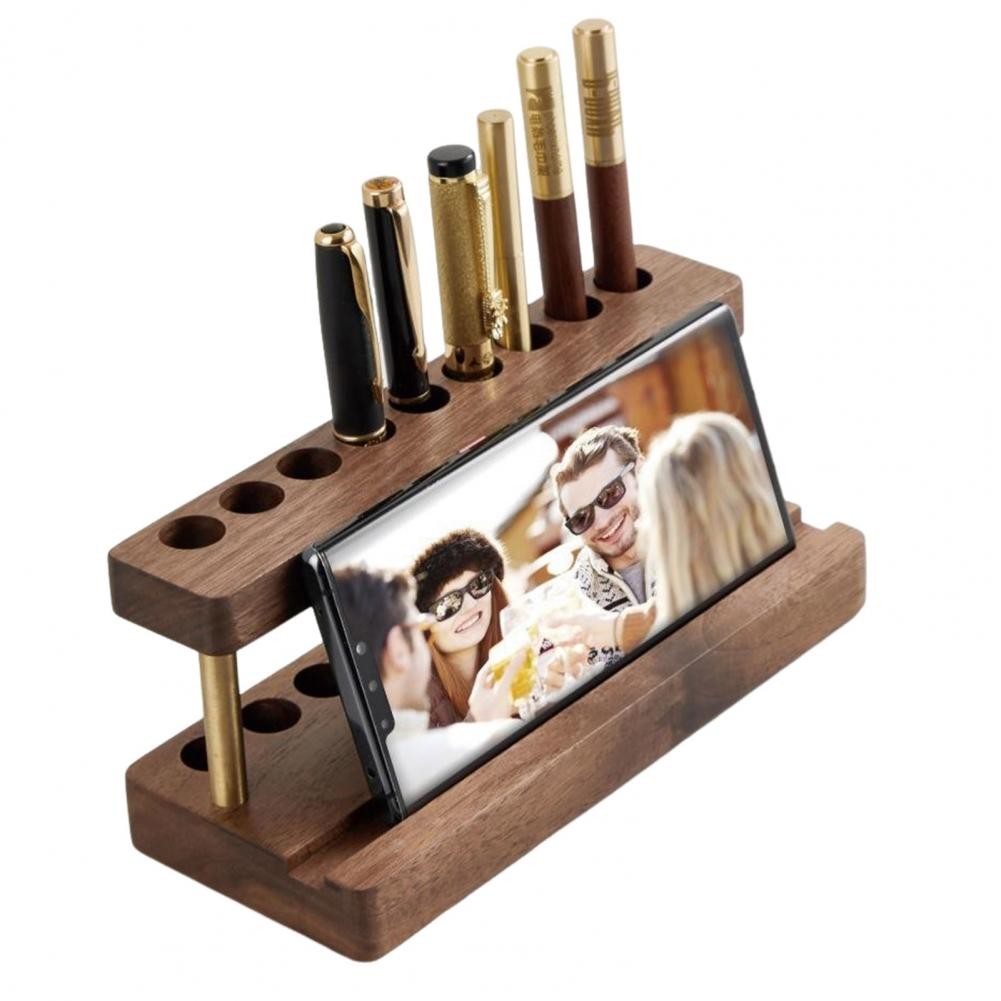 

Rustic Desk Accessory Wooden Pen Holder with 9 Slots Cell Phone Stand Minimalist Office Decor Aesthetic Organizer for Desk