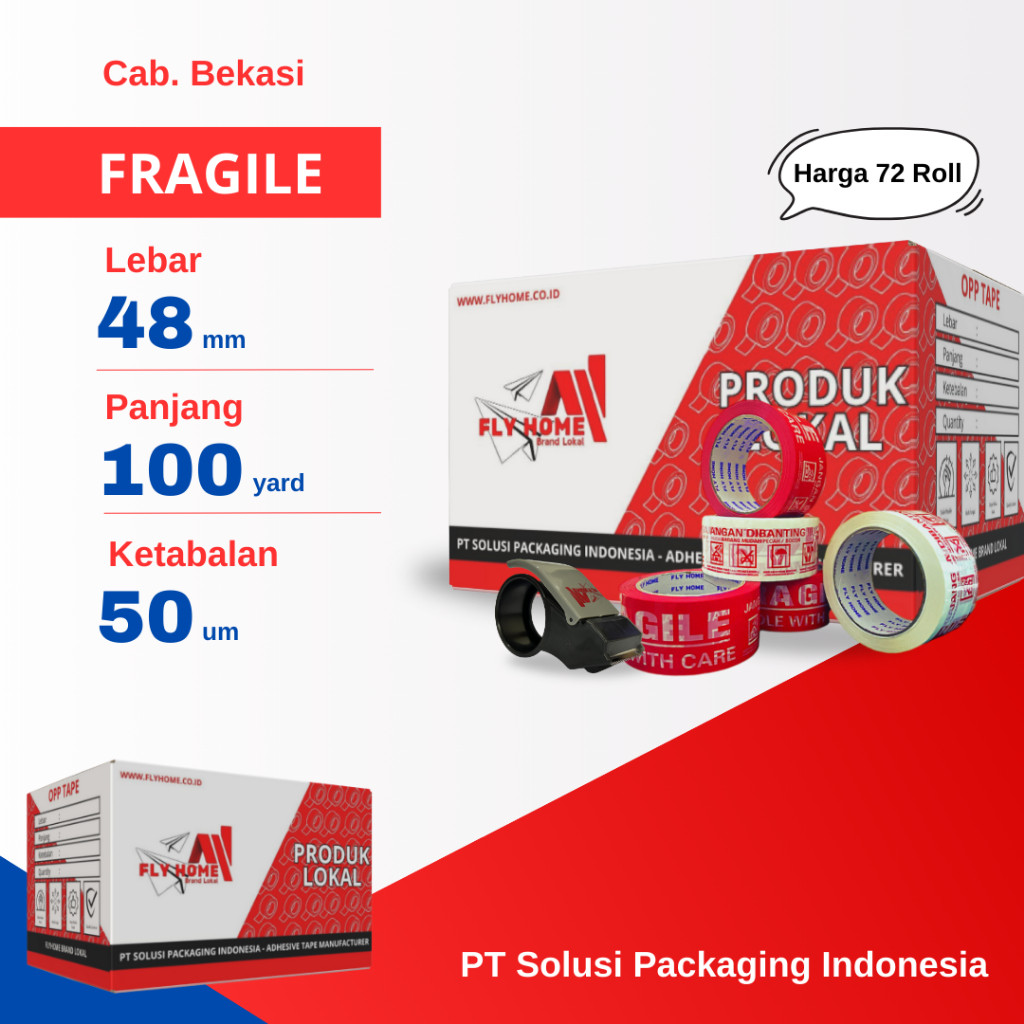 

FLYHOME 1Dus Lakban Fragile Merah Putih 48x100Y 2inci Uk Besar 91METER 100 Yard CARGO