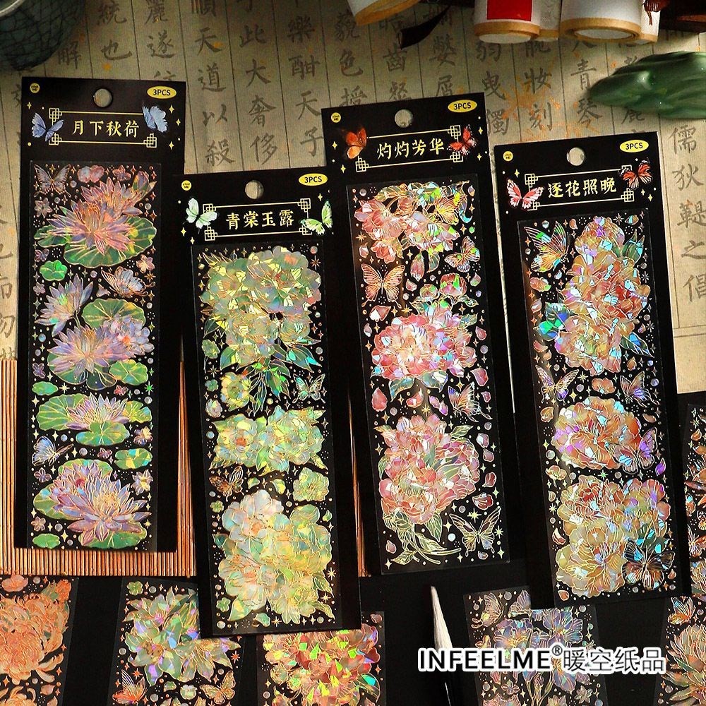 

3 Pcs Holographic Flower Stickers Gold Foil Flower Stickers Transparent Waterproof Floral Stickers For Scrapbooking Journaling
