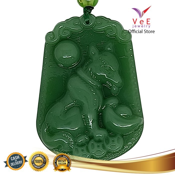 Kalung Liontin Shio Anjing Batu Giok Asli Original Cina -VeE Feng Shui - Hijau