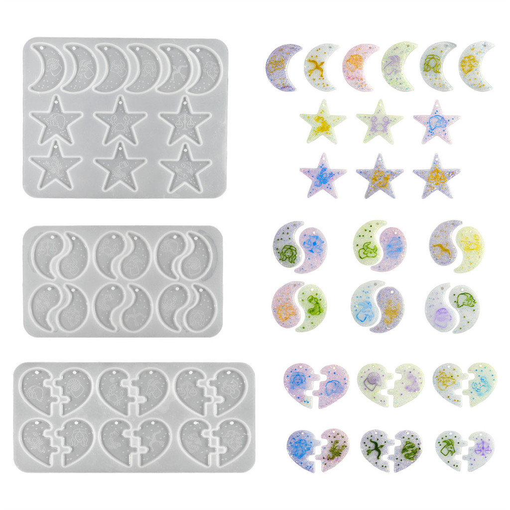 

1pc Heart Puzzle Twelve Constellation Pattern Pendant Epoxy Resin Silicone Mold Moon Star Shape Pendant Mold For Keychain Making