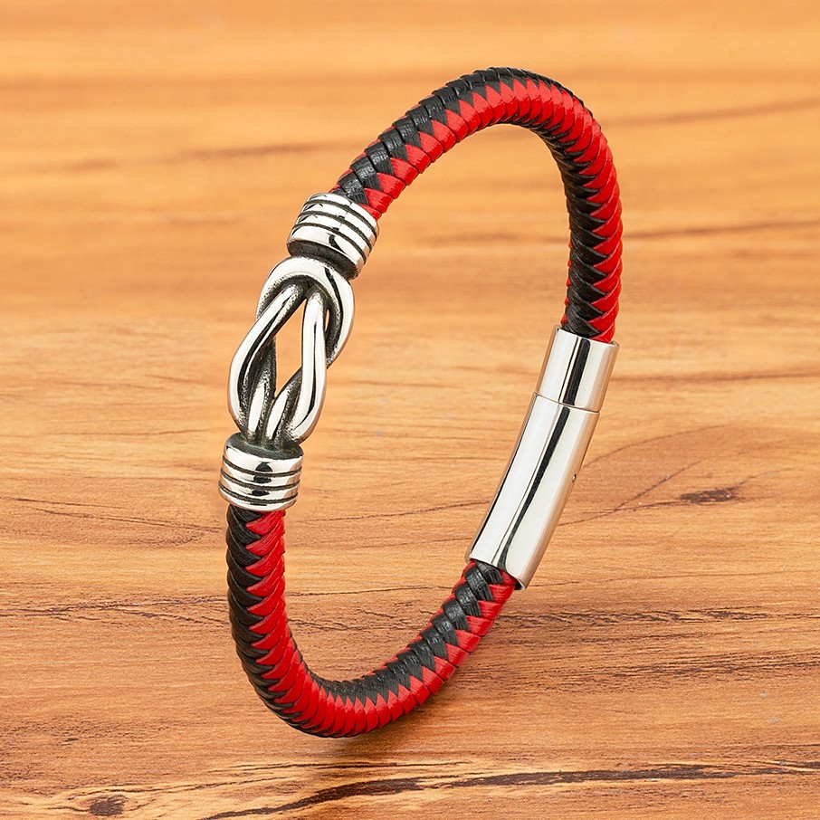 TYO Minimalist Sport Style Men Stainless Steel Woven Genuine Leather Bracelet Toggle-Clasps Design F
