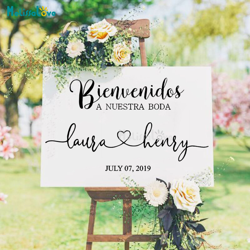 

Spanish Bienvenido Welcome To Our Wedding Heart Design Decal Wedding Reception Party Sign Welcome Removable Vinyl Stickers BE004