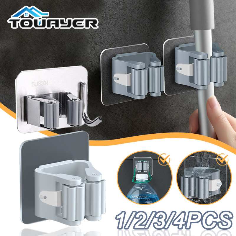 

1/2/4Pcs Multi-Purpose Hooks Mop Rack Wall-Mounted Mop Storage Box Broom Hanger Hook Bathroom Waterproof Wall Self-Adhesive Hook