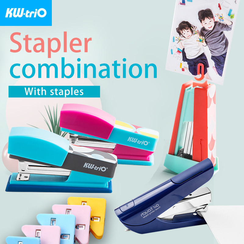 

KW-triO Cute Stapler Set Air Touch Stapler or Cute Swing Stapler Triangular Book Clips Staple Remover Office and School Supplies