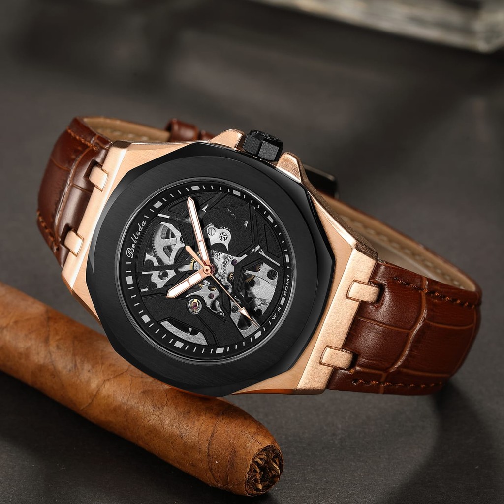 Big Sale ! Jam Tangan Pria Belleda Automatic 9608 Tali Kulit Anti Air