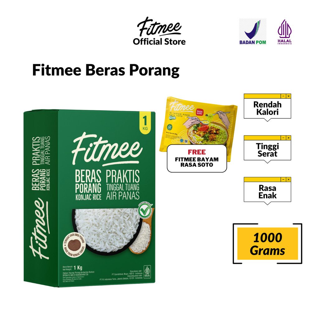 

Fitmee Beras Porang Gluten Free 1 Kg shirataki / konjac rice FREE 1 Pcs Fitmee Mie Bayam Soto 80 Gr