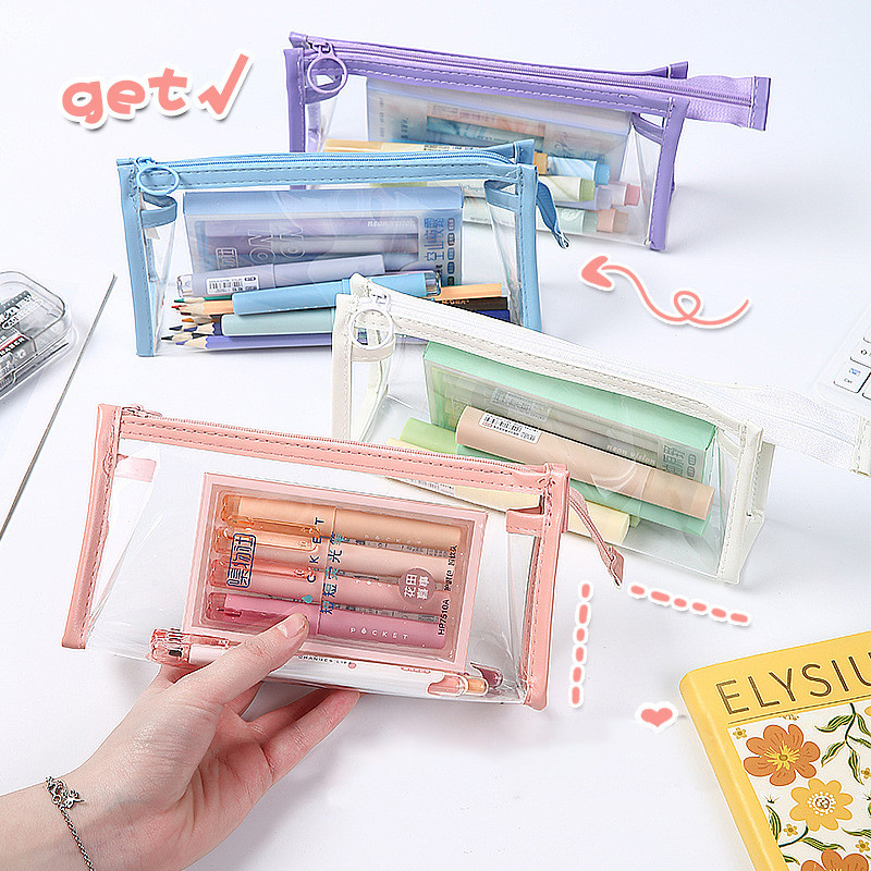

Tempat Pensil PVC Pencil Case Simple Style Kosmetik Tas Penyimpanan Alat Tulis Kotak Pensil Tas Penyimpanan Transparan Warna Lucu,Kotak Pensil Anak Stationery Organizer