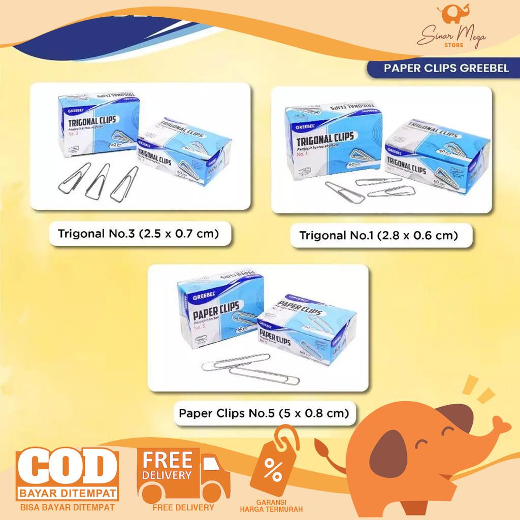 

GREEBEL Paper Trigonal Clip No. 1/3/5 DIJUAL PAK Isi 60 Klip Penjepit Jilid Kertas