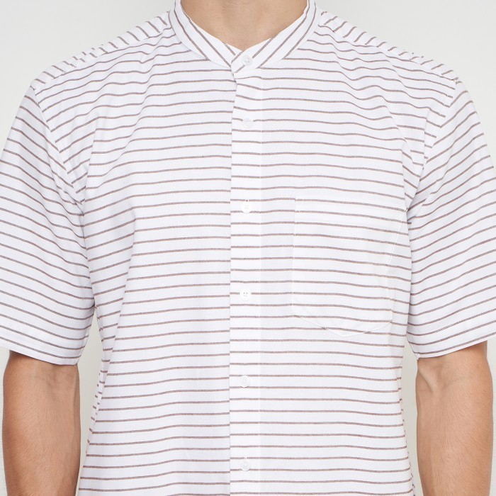 Kemeja Pria Lengan Pendek Kerah Shanghai Oxford Premium Garis | MO - Putih Cokelat, M