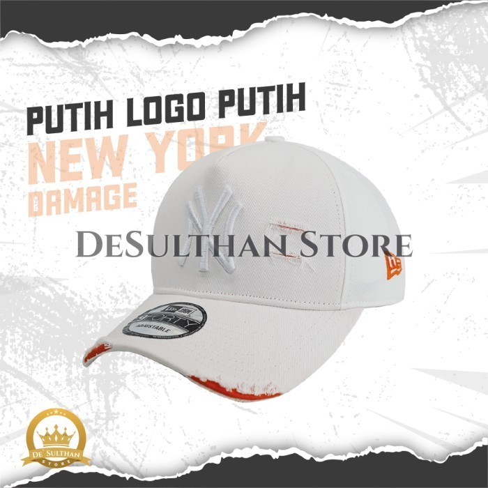 promo ✨ -Topi New Era 9Forty Baseball Hat Damage Ripped Sobek NY ORINAL - Putih - Putih, Topi saja