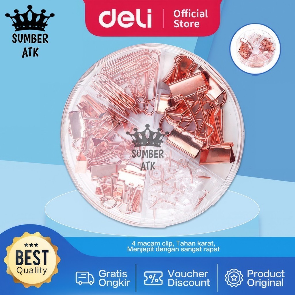 

Deli Office Combination Penjepit kertas / Paper Clip Binder Clip and Push Pin Rose Gold 78553