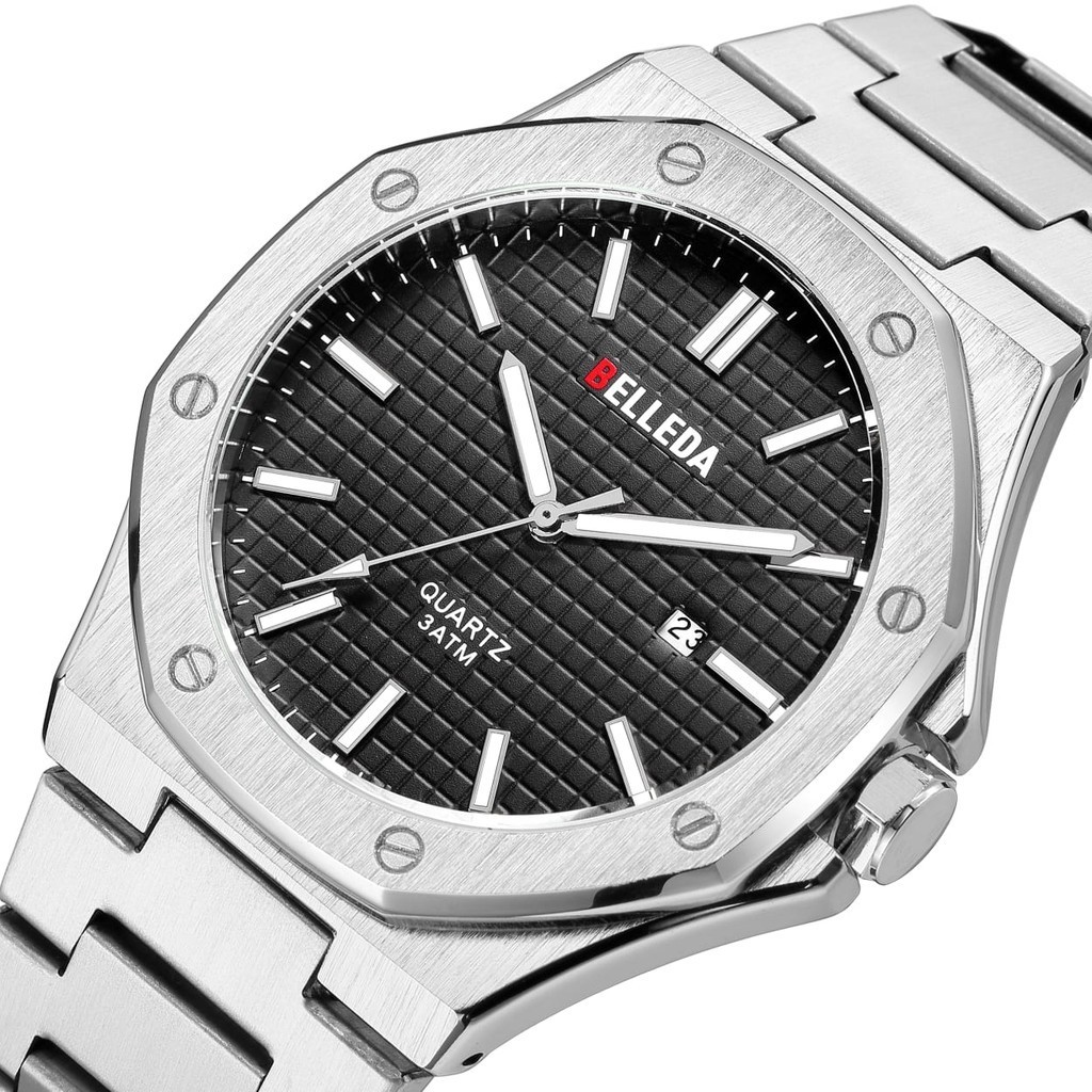 Jam Tangan Pria BELLEDA 9588 Tanggal Strap Rantai Stainlees Steel Water Proof Original