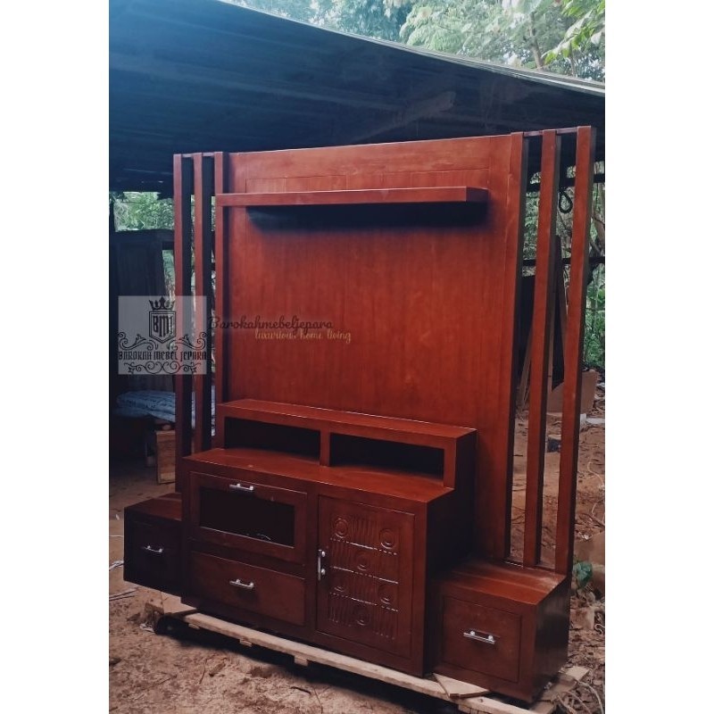 Backdrop TV jati minimalis , partisi TV jati minimalis , Backdrop tv modern