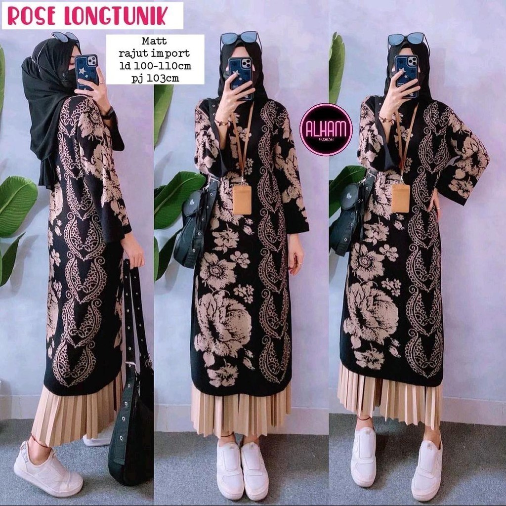Rose Long Tunik Rajut Import Stretch Motif Bunga Premium
