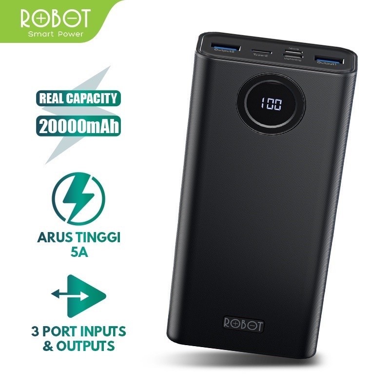 PRODUK TERBARU # Robot Power Bank RT23 Powerbank 20000mAh Quick Charging 3 Port Input & Output Digit