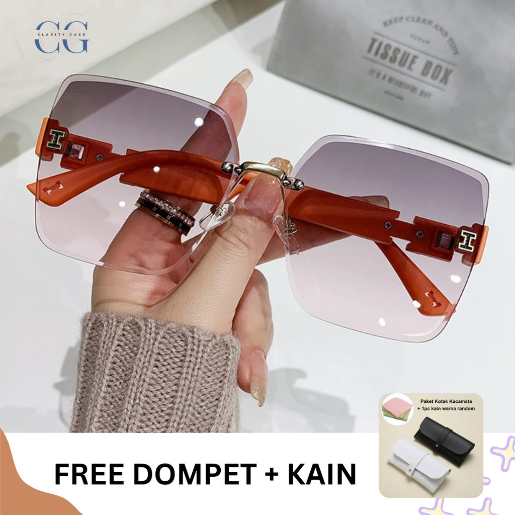 [FREE Dompet + Kain] Kacamata Hitam Logo H Wanita Oversize Kacamata Hitam Anti UV400