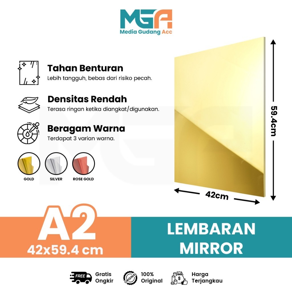 AKRILIK / LEMBARAN MIRROR / AKRILIK LEMBARAN GOLD ROSE GOLD SILVER UKURAN A2 2MM