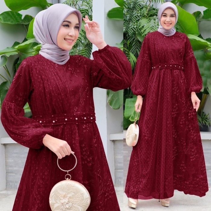 gamis pesta dress ia maroon maxi baju muslim ada size jumbo   - 3XL