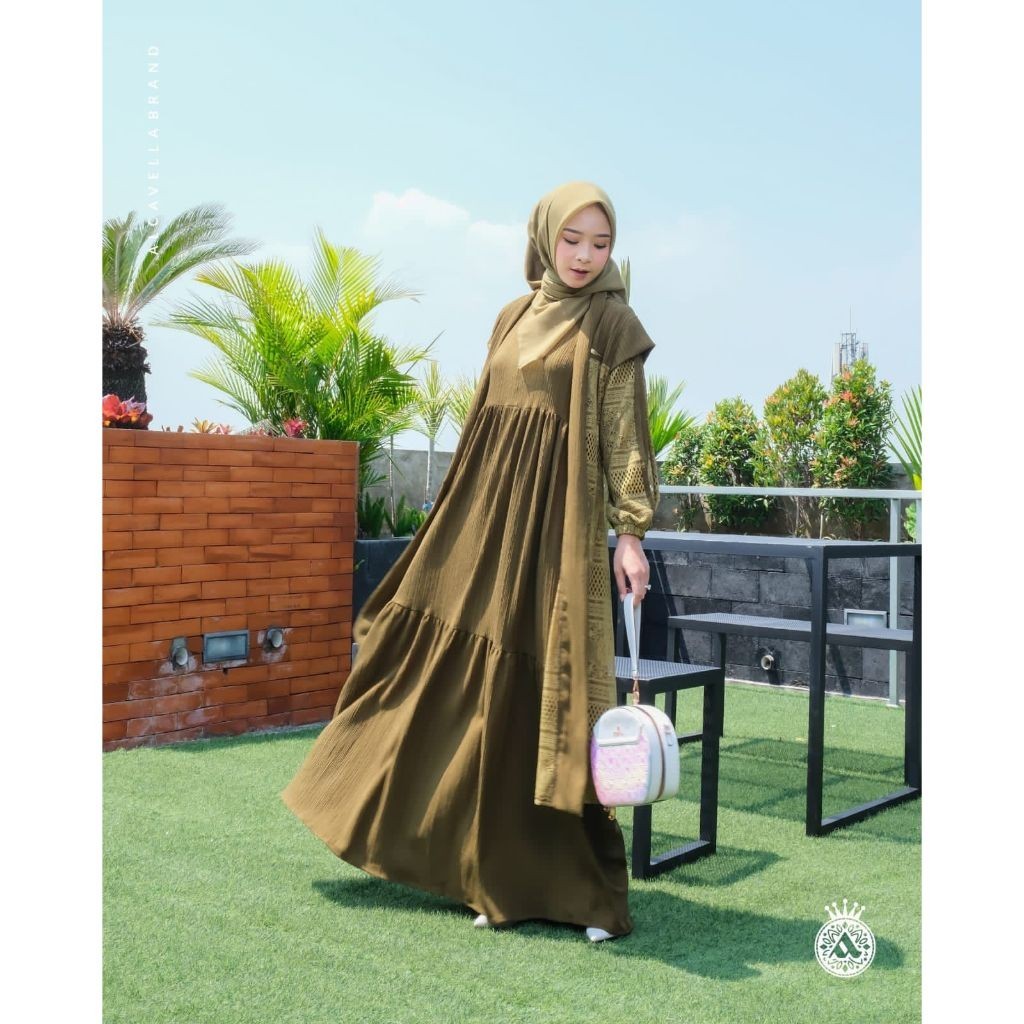 ALCAVELLA - ZARIFA DRESS OLIVE SET HIJAB | Dress Muslim | Dress Kondangan | Dress Muslimah | Gamis M