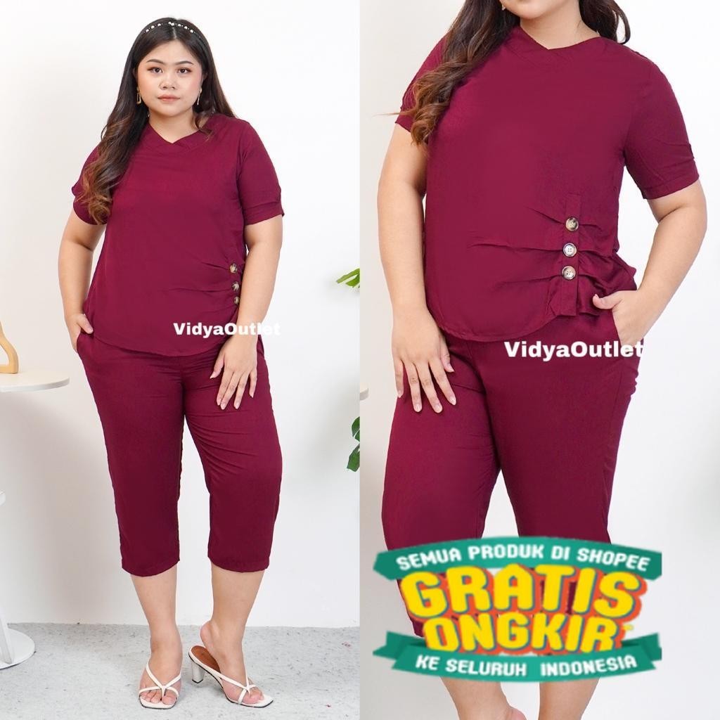 Stelan Big SIze 10021 - Stelan Jumbo - Stelan Wanita - Set Rayon Twill - Set CP - CP Kerah V - Set P