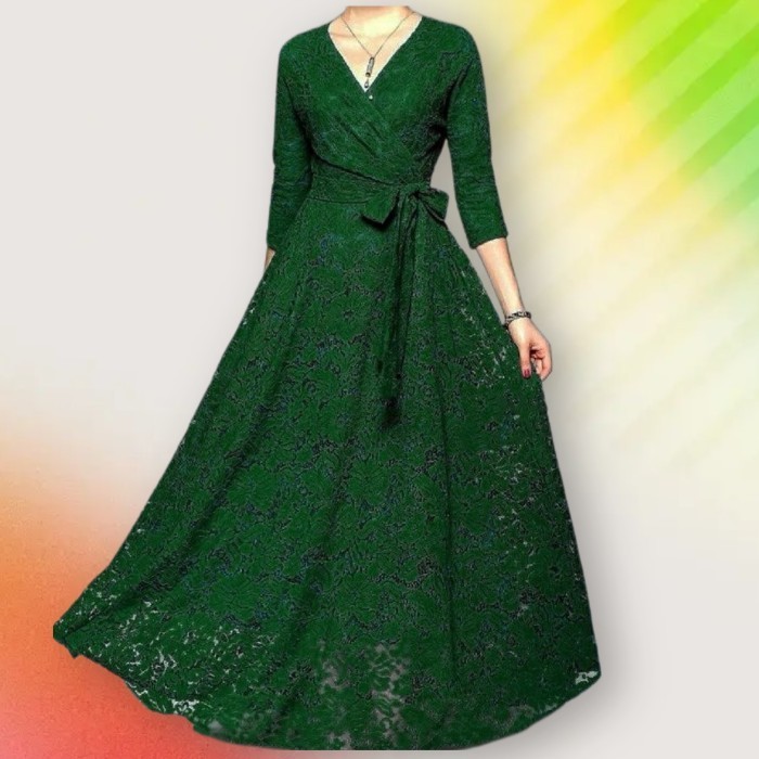 Gamis hana dress hijau botol Baju pesta brukat jumbo murah ich at - L - Agr