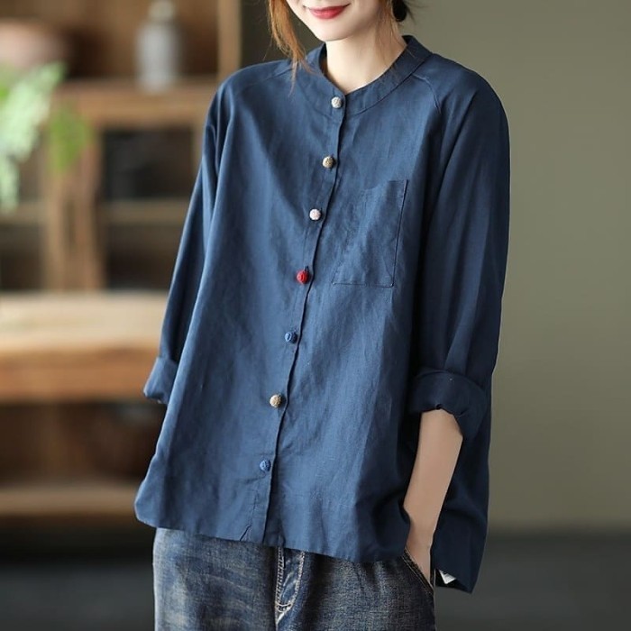 NEW Blouse korea wanita lengan panjang fashion musim atasan polos - NAVY