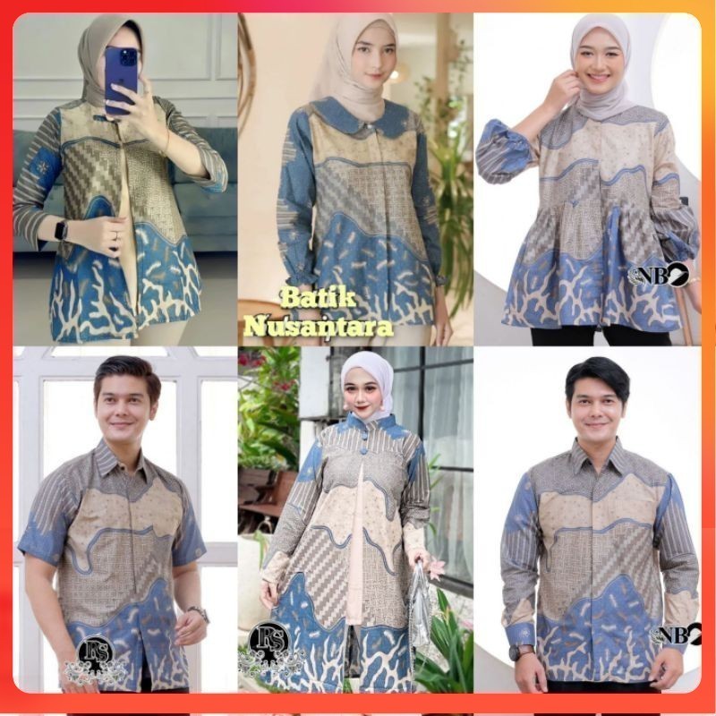 BAJU BATIK WARNA SKY BLUE GEMOY MOTIF INARA BLUS TUNIK HEM KEMEJA BEST COUPLE GEMOY