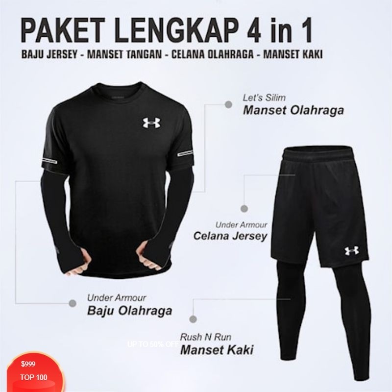 Paket Lengkap Setelan Olahraga Pria Baju Kaos Olahraga Dryfit Manset Tangan Lets Slim Manset Kaki Ru