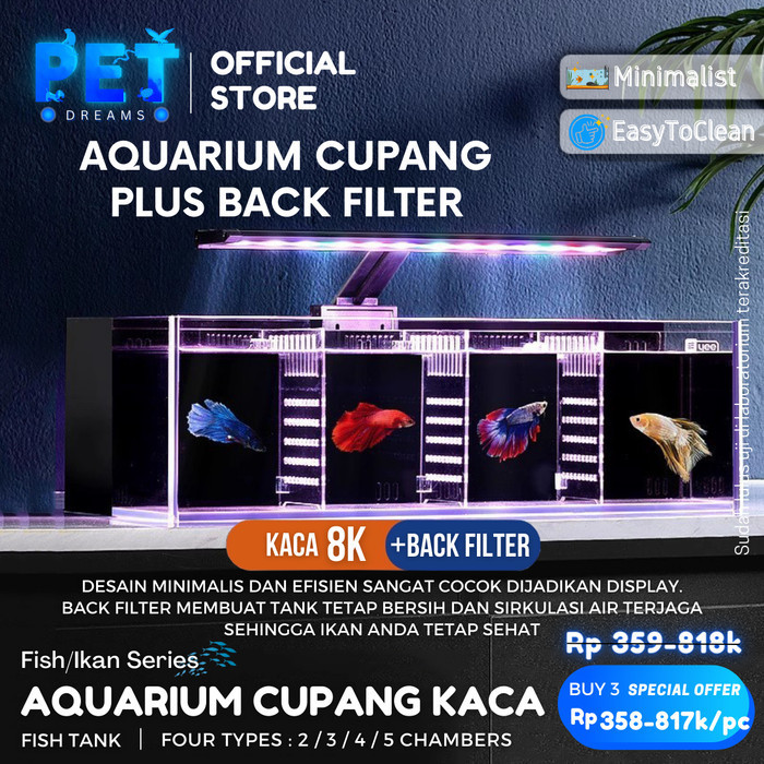 Soliter Tempat Cupang Aquarium Kaca + Filter Akuarium Set Sekat Ikan Mini Betta Guppy Molly