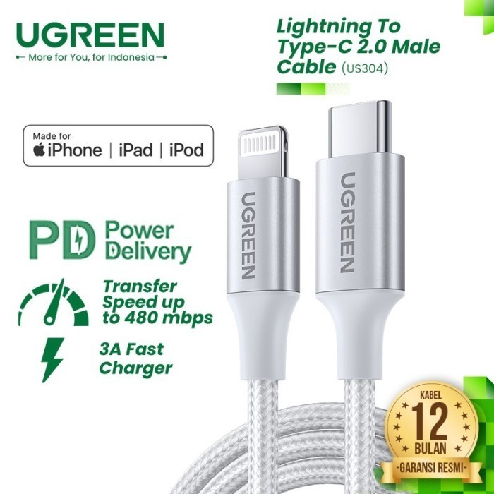 Kabel Charger UGREEN USB Type C to Lightning Nylon 1M PD MFI 70523