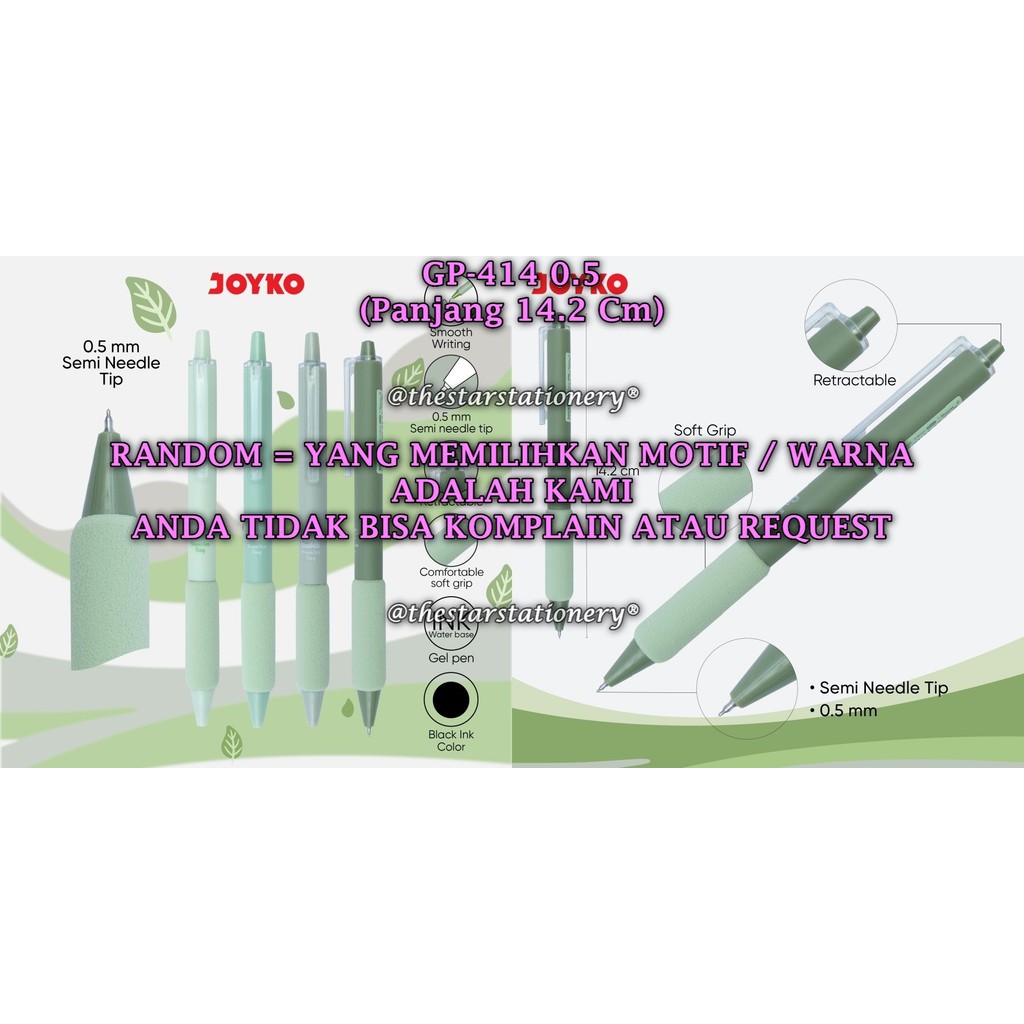 

(1 Biji) GROSIR Gelpen JOYKO GP-414 0.5 mm Black / Pulpen Pena Joyko GP-414 Green tea Day (1 Biji)