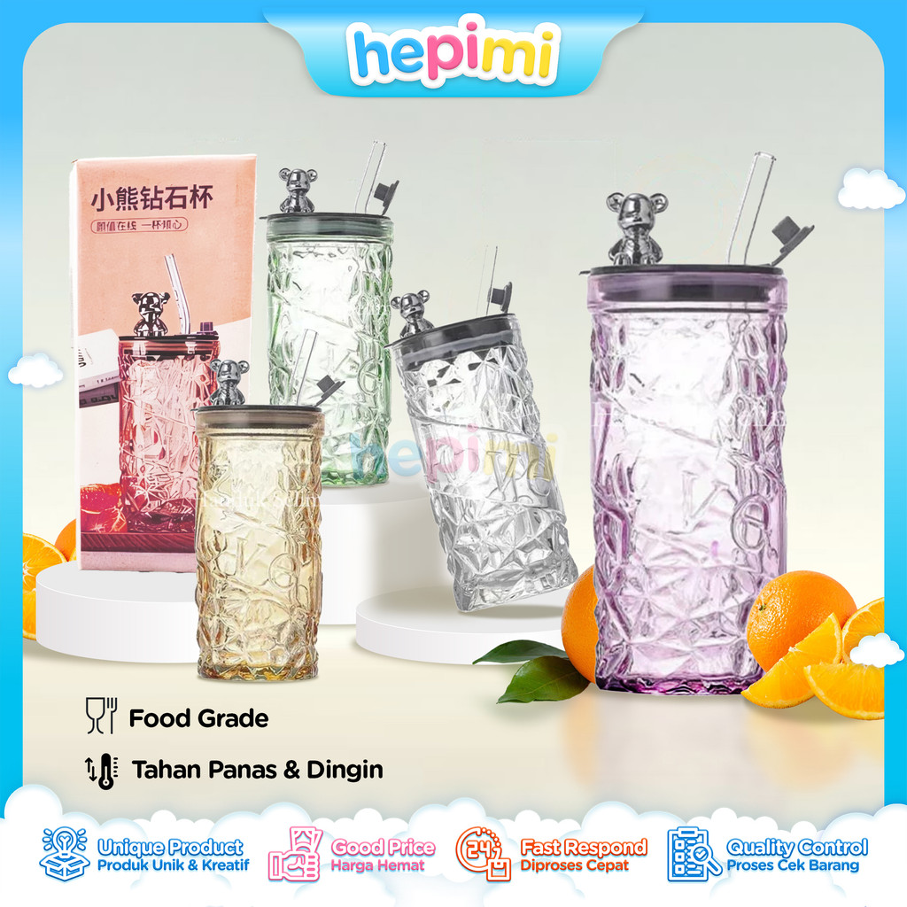 GELAS KACA BERUANG 420 ML Botol Air Minum Tumbler Motif Kristal Anti Tumpah Estetik Food Grade - HM
