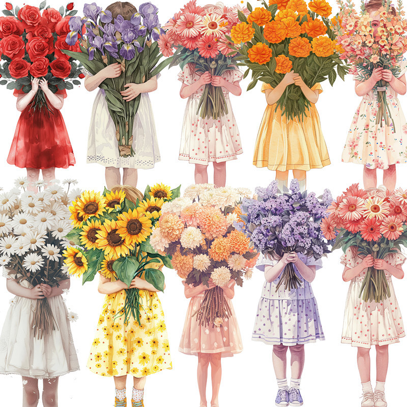 

12Pcs/Pack Girl Holding Flowers Sticker DIY Craft Scrapbooking Album Junk Journal Decorative Stickers