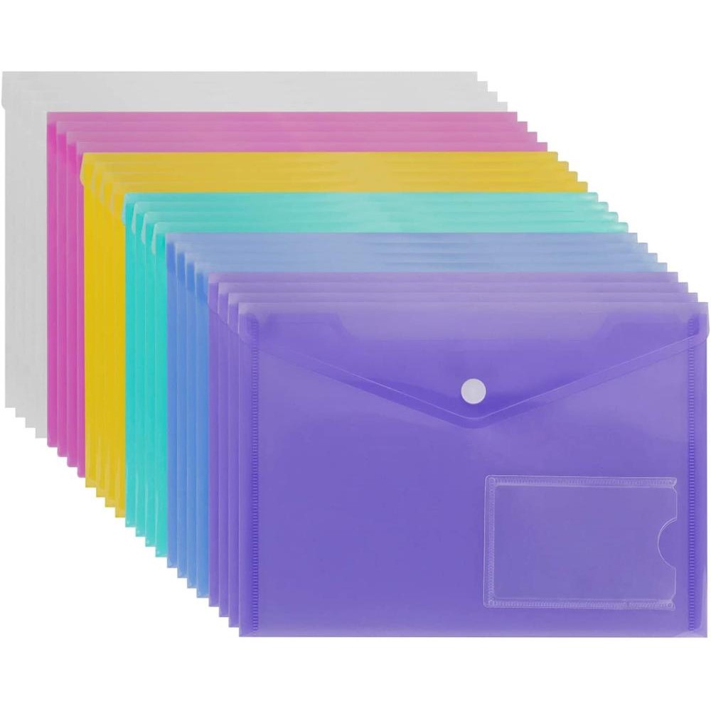 

5PCS A5 Poly Envelope Folder with Snap Button Clear Waterproof Plastic Document Protector for School Home Office Organization