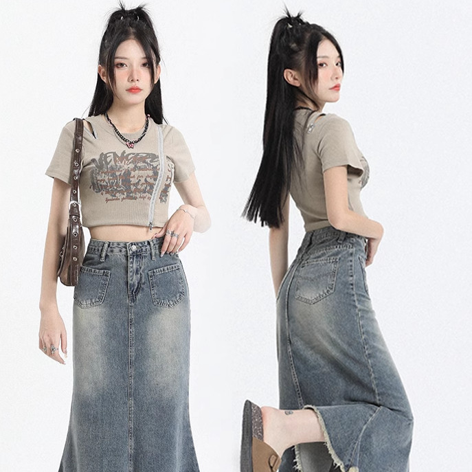 Tepi Mentah Tipis Pinggang Tinggi Rok Pinggul Tipis Retro Serbaguna Longgar K-kata Rok