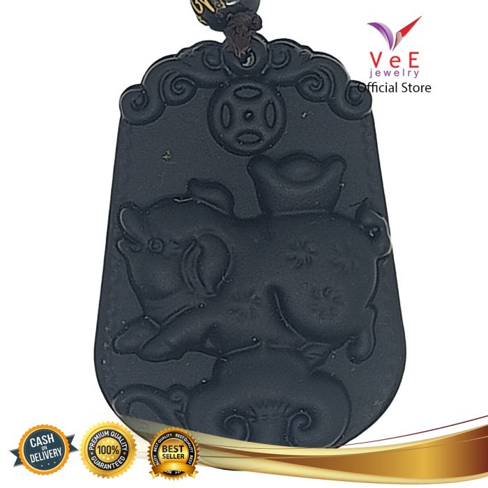 Kalung Liontin Shio Babi Batu Giok Asli Original Cina - VeE Feng Shui - Hitam