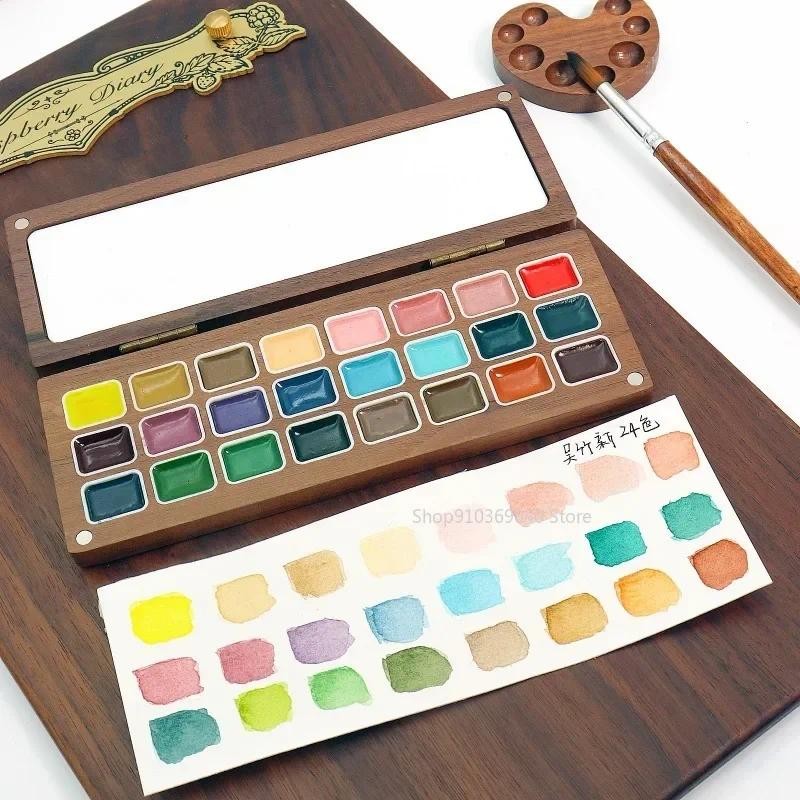 

24 Colors 1ml Solid Watercolor Pigment Wooden Box with Palette Handmade Solid Pigment Painting Portable Nail Art Supplies