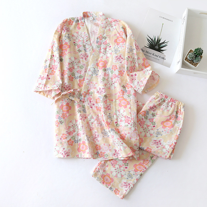 Women Japanese Style Pajamas Sleepwear Yukata Oriental Sakura Floral Kimono Bathrobe Leisure Home Lo