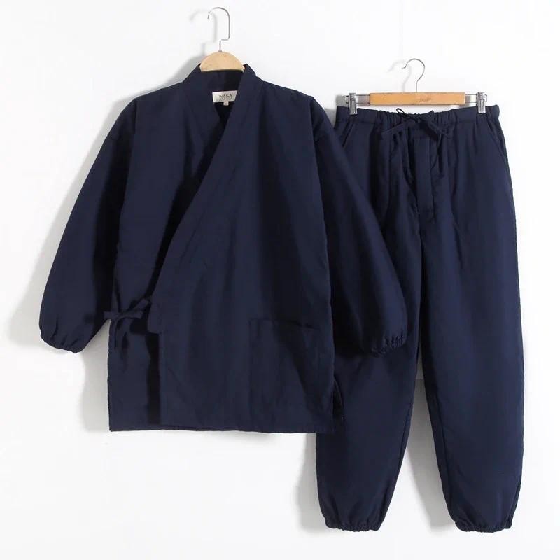 Samue Japanese Kimono Traditional Clothing Men Tops Pants Set Pajamas Yukata Samurai Jinbei Buddhist