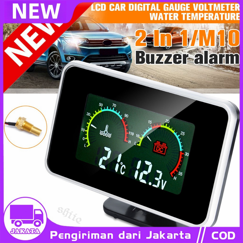 KMRY Voltmeter Universal 2 in 1 12V/24V LCD Motor Mobil Digital Horizontal Gauge Water Temperature