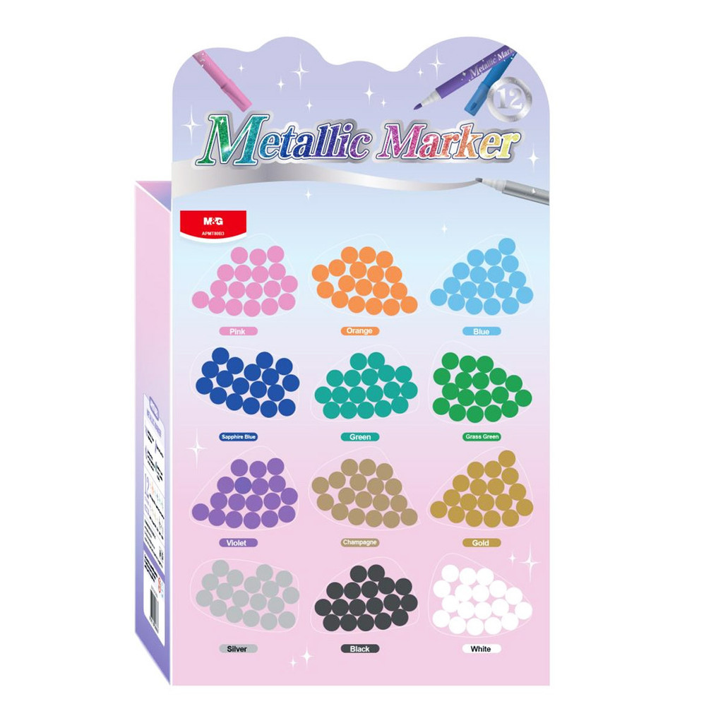 

Spidol Metalic M&G APMT80B3 Marker Set Spidol Metalik + Display Isi 12 Warna Isi 216 Pcs