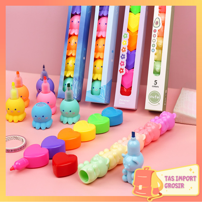 Tas Import - S6295 Set Stabilo Pastel Lucu / Highlighter Tumpuk 1 Set / Textliner Motif Karakter Luc
