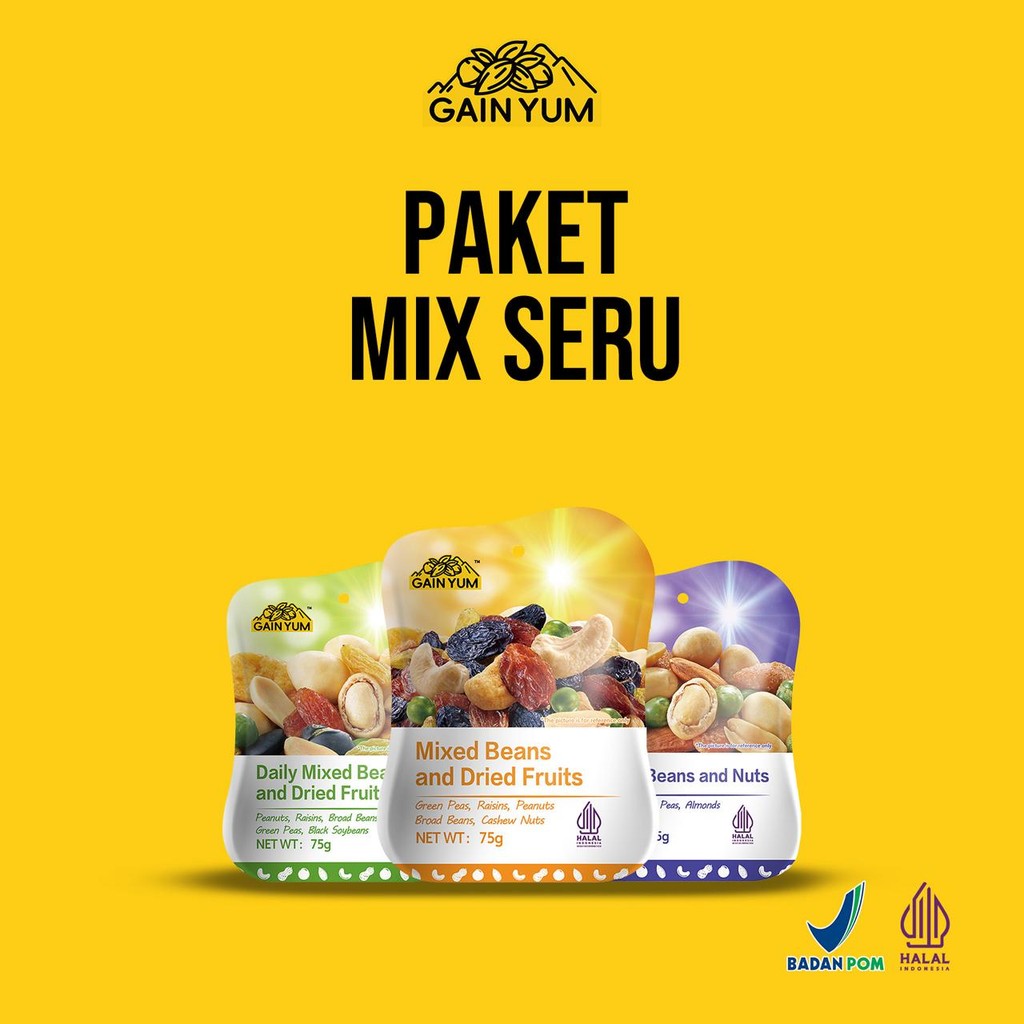 

NEW [ MIX SERU ] Gain Yum Snack - Bundling Mix Seru (1x Mixed Beans and Nuts 75G, 1x Daily Mixed Beans and Dried Fruits 75G, 1x Mixed Beans and Dried Fruits 75G)