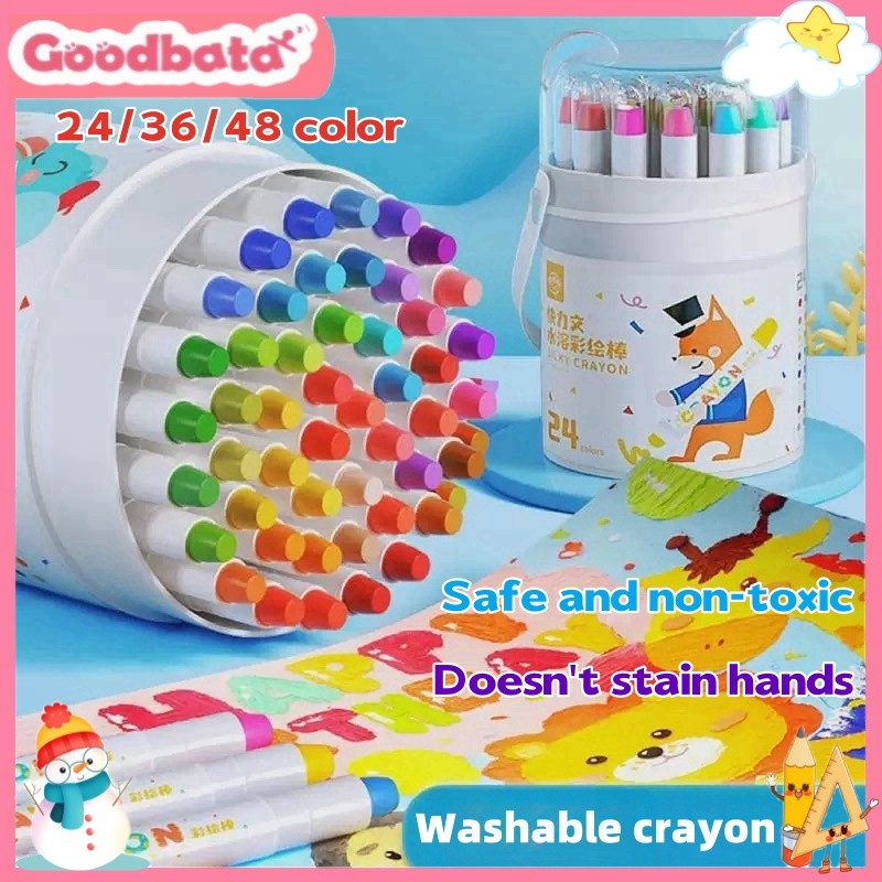 

【Free Brush】Ready Stock Goodbata Crayon Putar Washable Silky Crayon 24/36/48 Warna Colorful Bucket Krayon Mewarnai Alat Warna Set Anak Wipe and Clean