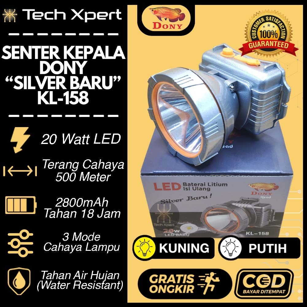 SENTER KEPALA LED DONY 20 WATT KL-158 "SILVER BARU" ORI ANTI AIR OUTDOOR UKURAN SEDANG
