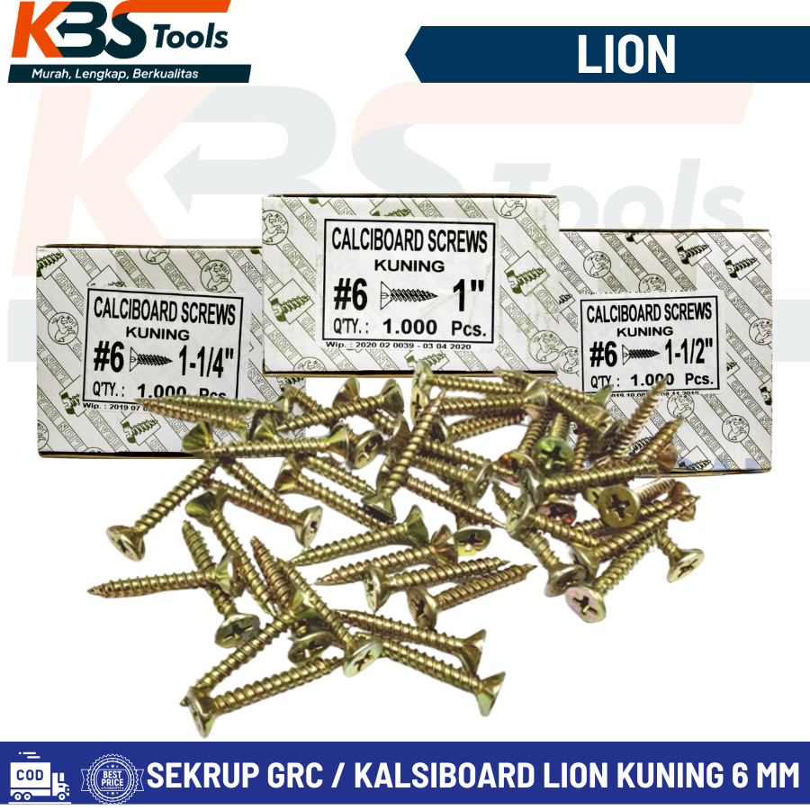 Baut Sekrup GRC Kalsiboard Lion Kuning 6 mm Calciboard Screws 1 Pak 100 Pcs