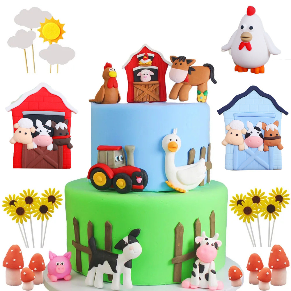 

Farm Animal Cake Toppers Cow Ranch Tractor Sheepdog Decorations for Farm Animal Theme Birthday Baby Shower Party Cake Decortions